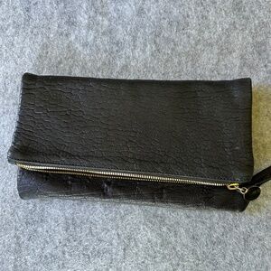 Clare V Black Textured Foldover Leather Clutch with Gold Zip